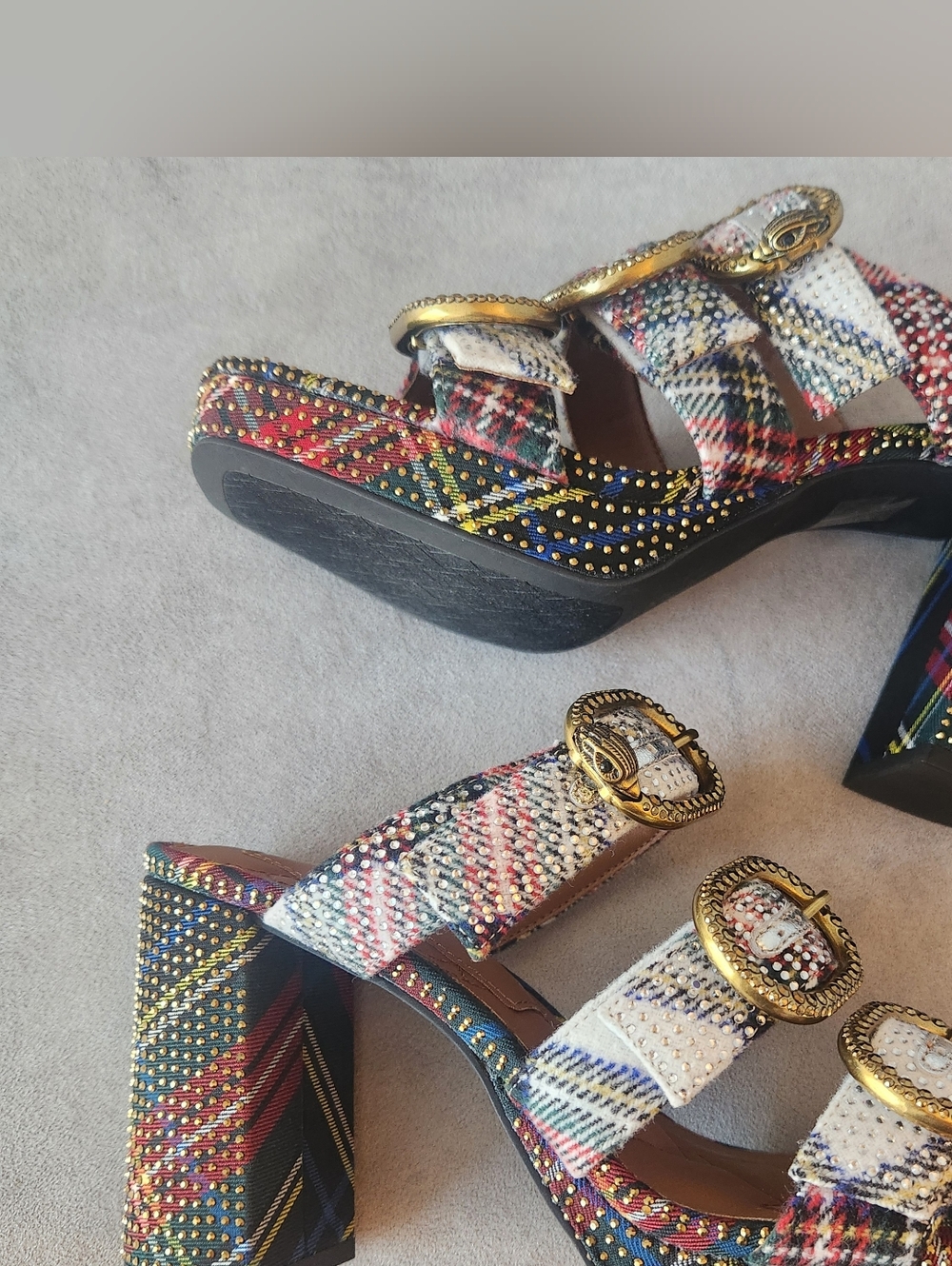 Kurt Geiger Heeled Mules 10 Plaid Mayfair Buckle Chunky Platform Sandal New $245 - Picture 3 of 16
